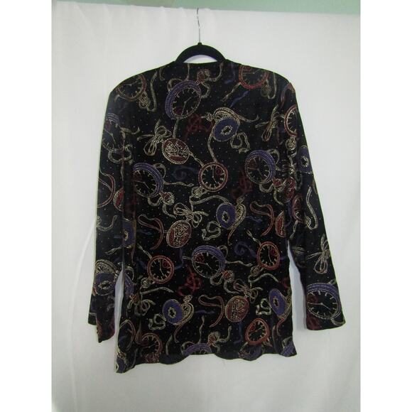 Très Paquette Velvet Blazer Women’s M Black Gold Pocket Watch Print Vintage USA - Picture 3 of 7